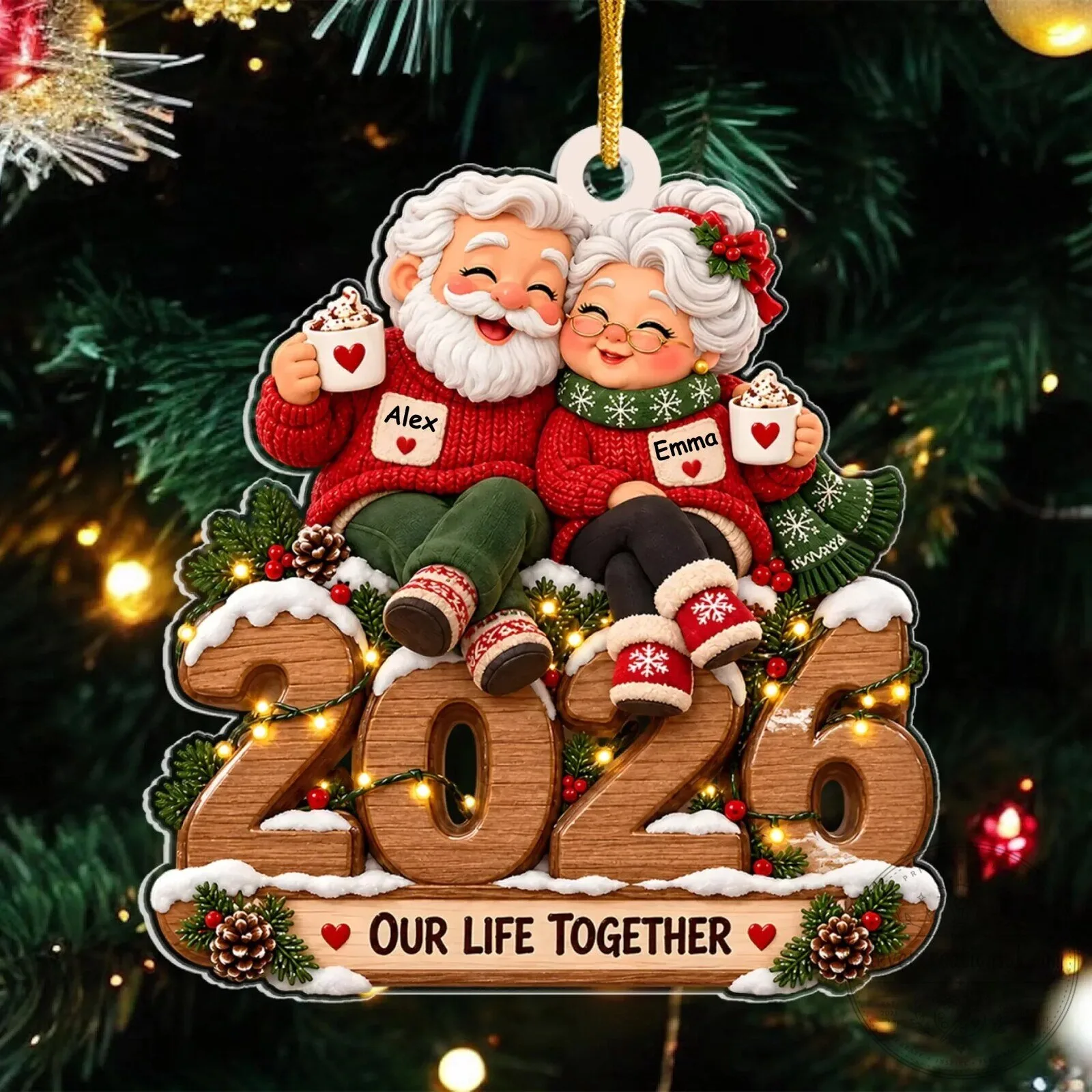 Personalized Christmas Couple Ornament with 2026 Date, Custom Name Holiday Decoration