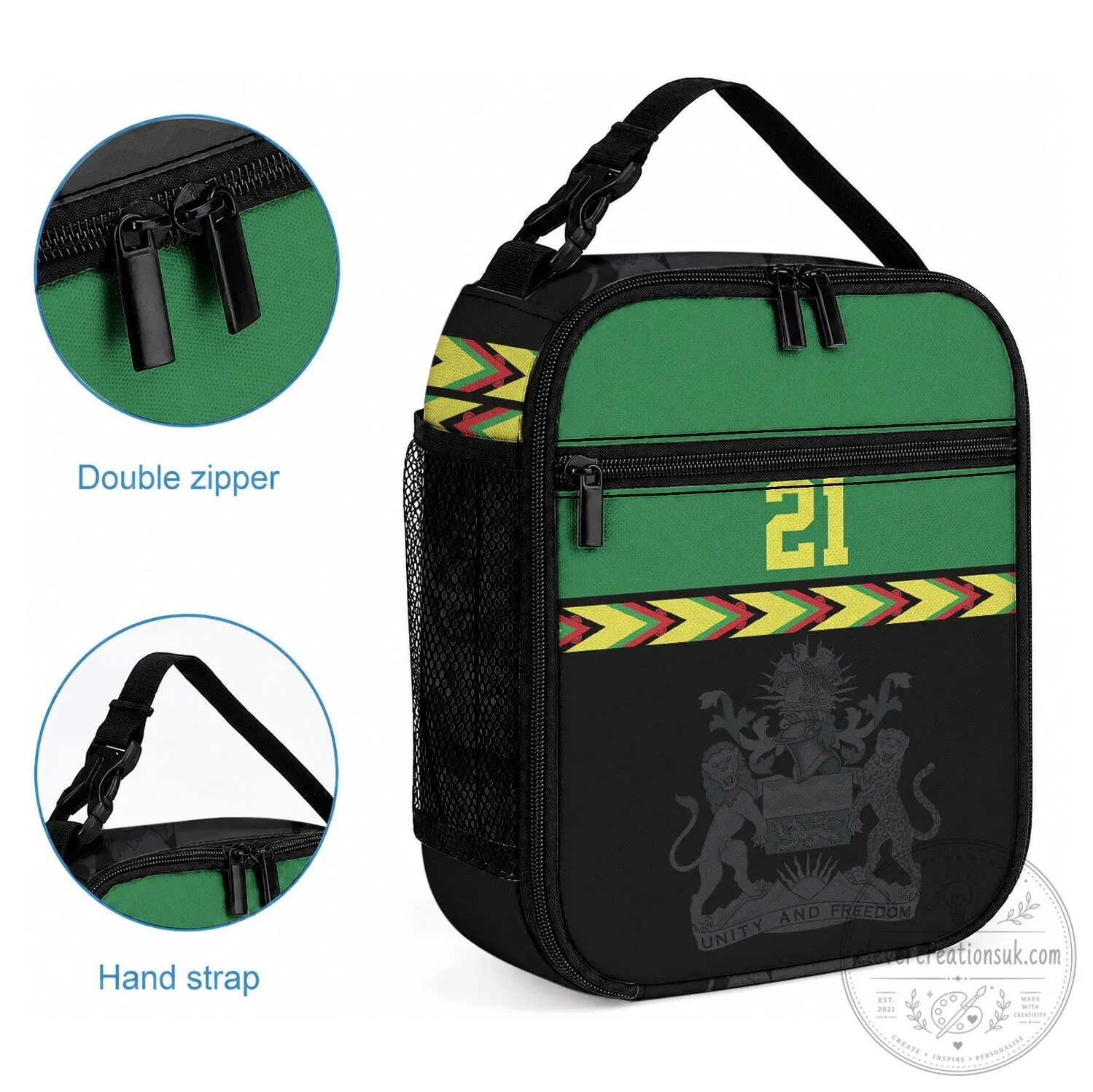 Malawi National Flag Chevron Pattern Insulated Lunch Bag with Custom Text 6 Malawi National Flag Chevron Pattern Insulated Lunch Bag with Custom Text