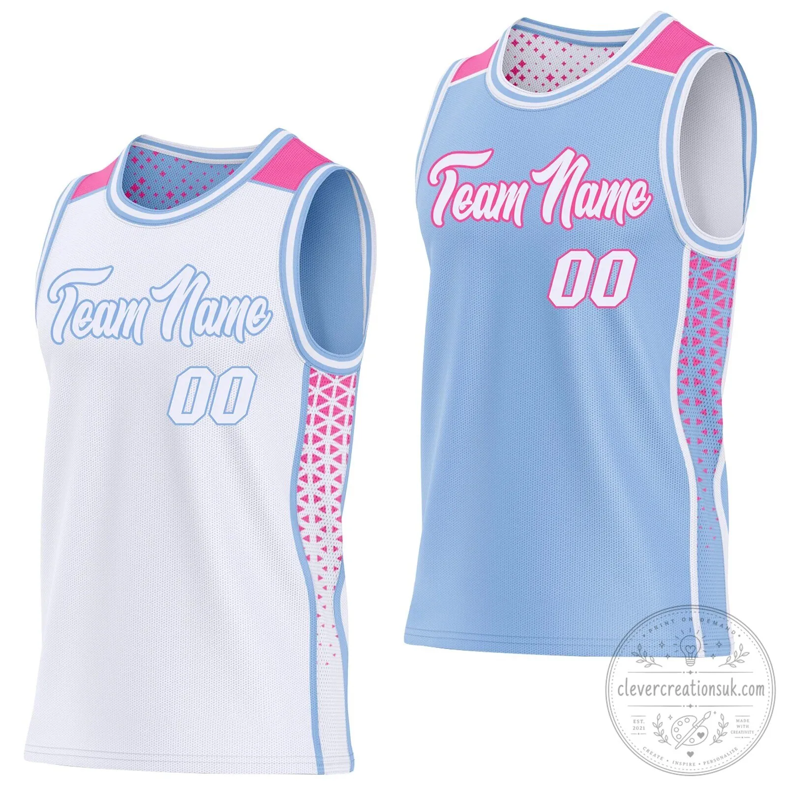 Custom Reversible Basketball Jersey Light Blue Pink Geometric Gradient