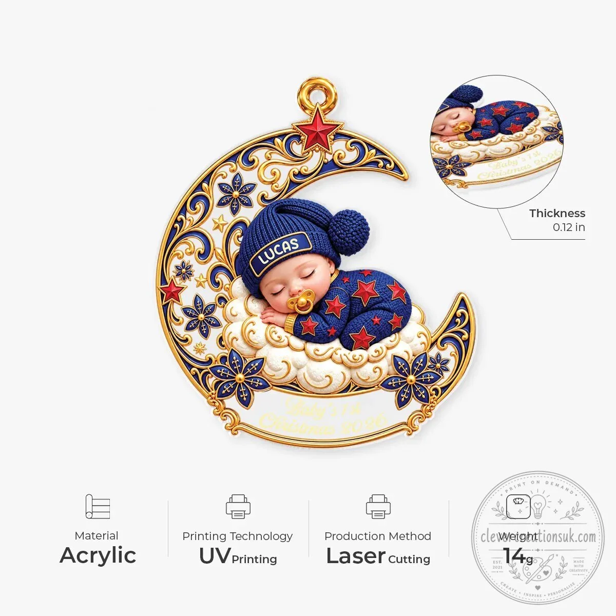 Baby's First Christmas Sleeping Moon Personalized Ornament 12 Baby