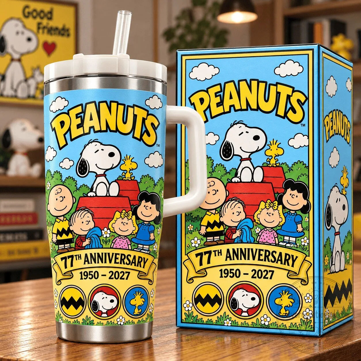 Stainless Steel Tumbler with Handle featuring Peanuts 77th Anniversary Snoopy and Friends