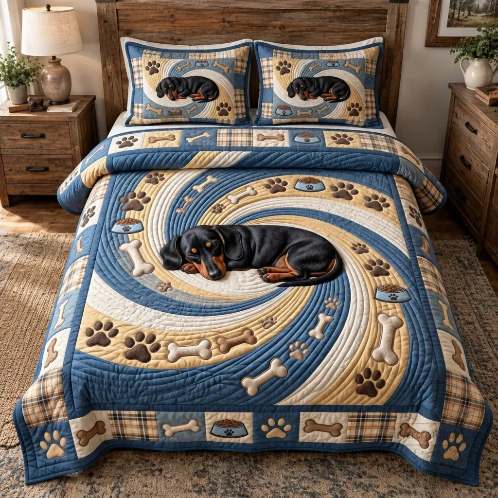 Sleeping Dachshund Dog Swirl Pattern Quilted Bedding Set Sleeping Dachshund Dog Swirl Pattern Quilted Bedding Set