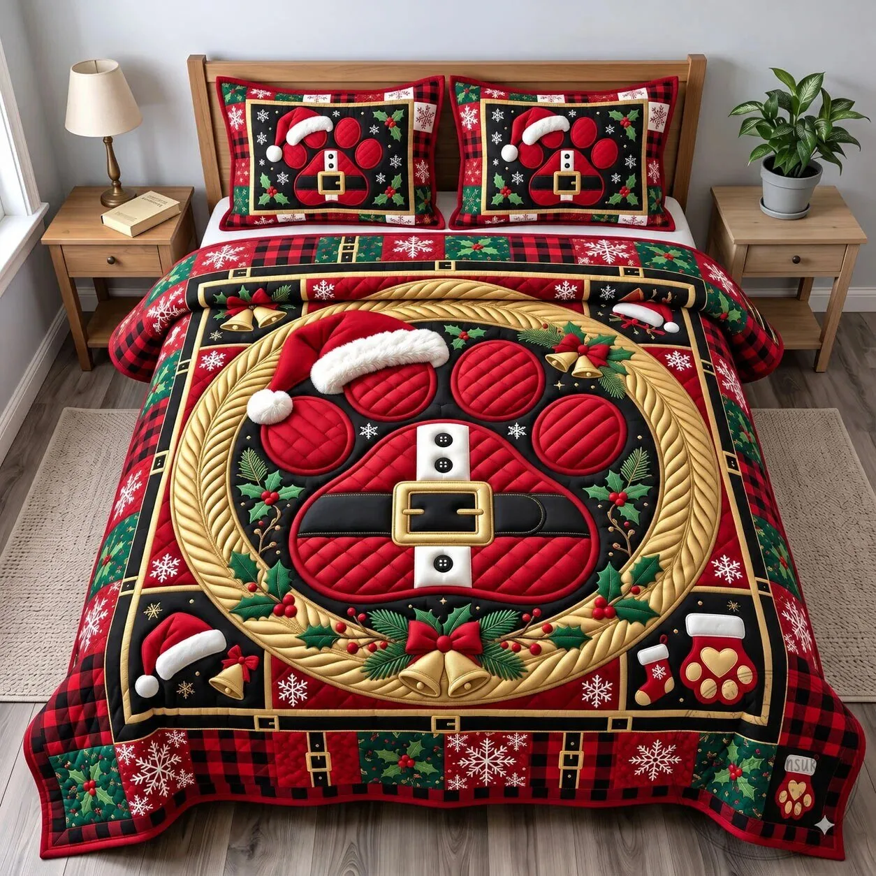 Santa Paws Christmas Dog Paw Print Holiday Quilted Bedding Set 5 Santa Paws Christmas Dog Paw Print Holiday Quilted Bedding Set